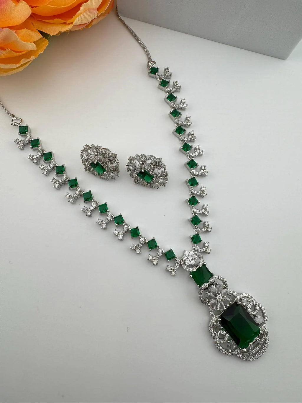 Premium American Diamond, Cubic Zirconia, Silver Polish Green Neeta Ambani Necklace set with studs earring