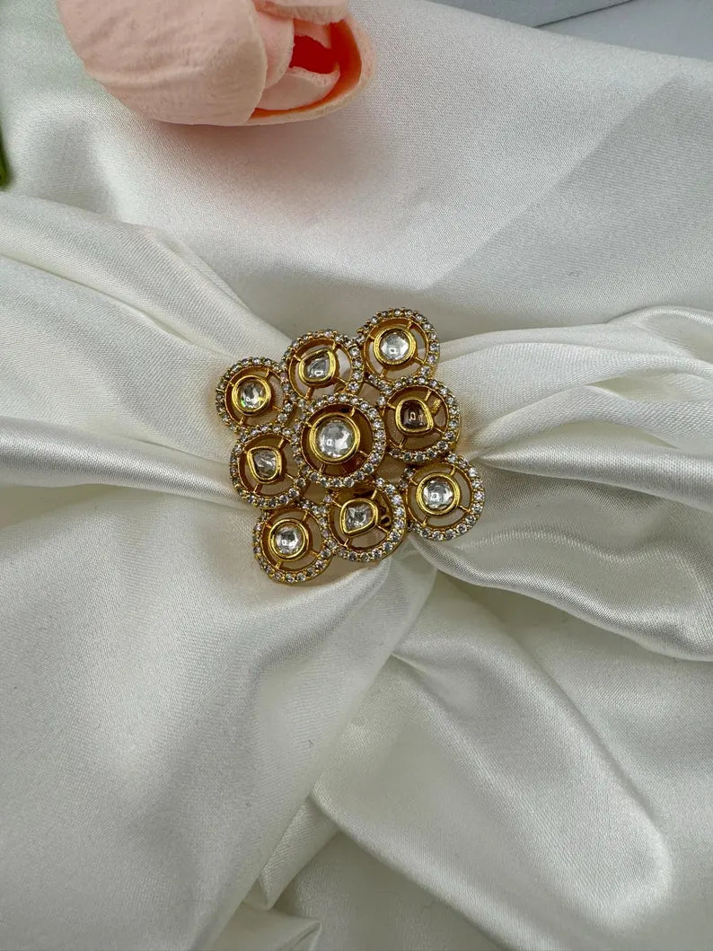 Moissanite Kundan Adjustable Square Finger Ring, Tyaani inspired