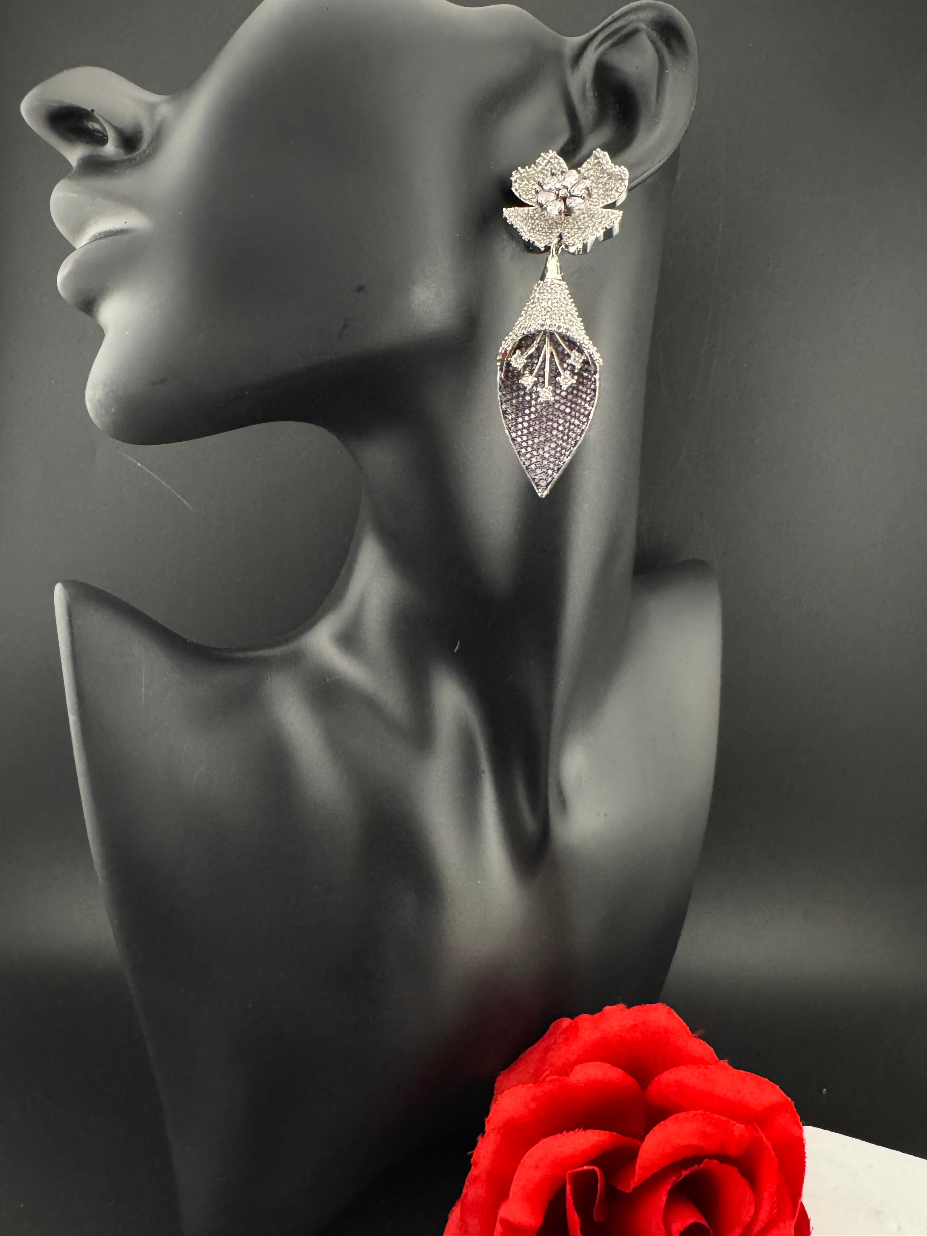 Premium Nano Setting Cubic Zirconia 3D earrings in Spear Drop, stylish, designer Inspired Statement Dangle earring/Bridal Bridesmaid earring