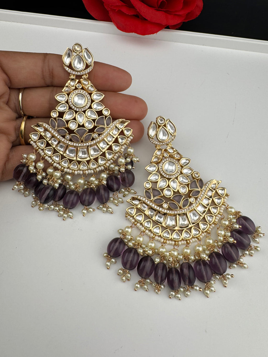 Purple and Gold Kundan Chandelier Earrinngs, High shine Bridal Moissanite CZ, Shiney Gold Designer