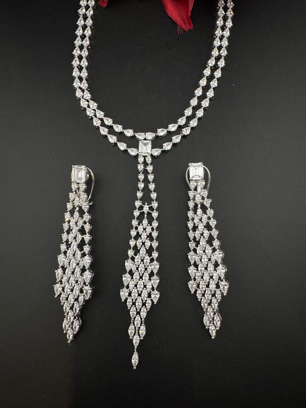 Crystals and CZ Diamond Statement double Layered Necklace Set, White Gold Plated Choker set