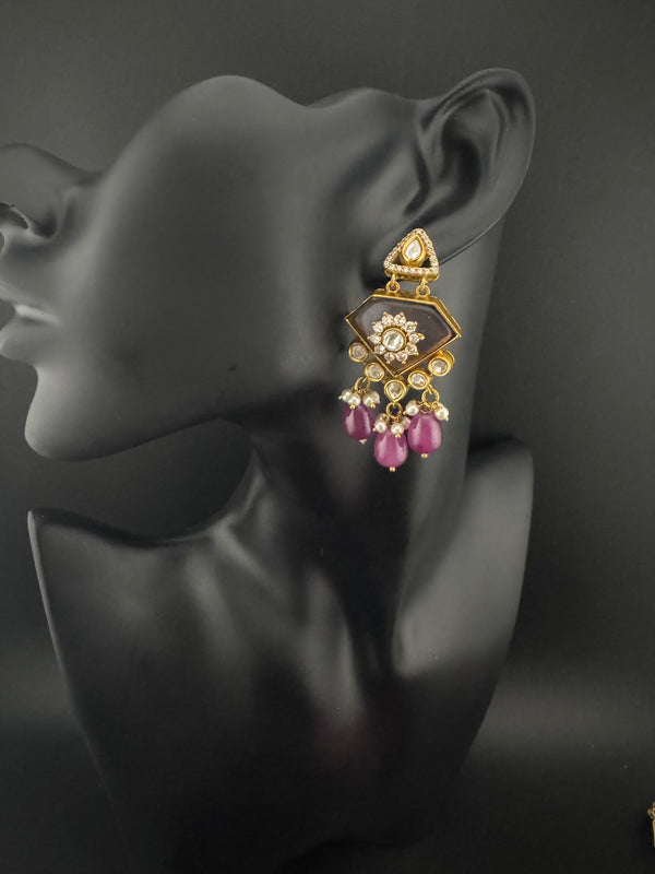 Gold Kundan, CZ, Stone, Pearls Chandelier Drop Earrings, Bridal Designer jewelry