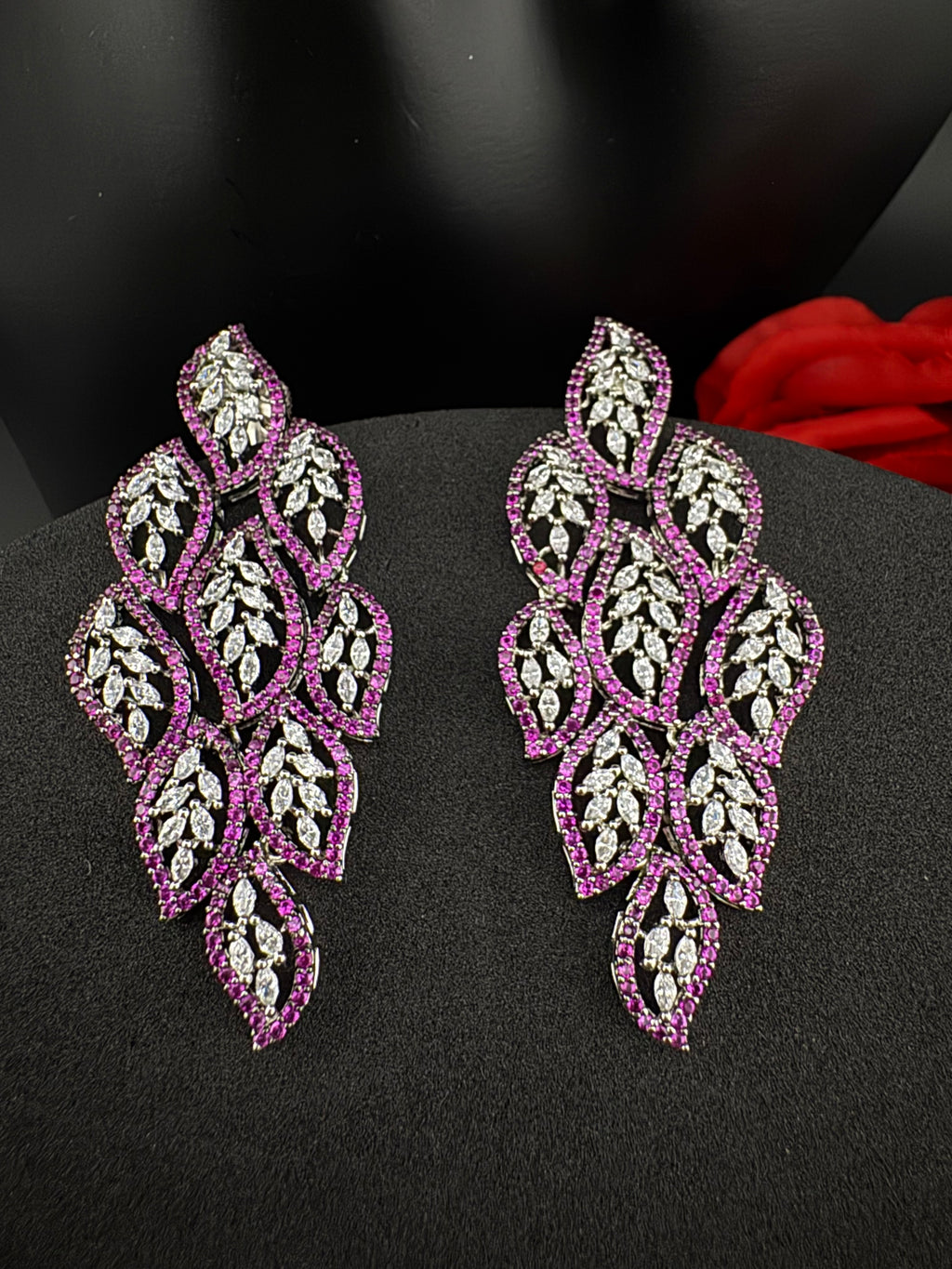 Premium Nano Setting Cubic Zirconia Long Chandelier earrings in leaf shape, stylish, designer Statement long earring/Bridal Bridesmaid