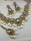 Uncut Polki, Kundan Pearls Gold Necklace Set with Tikka, Indian Bridal set