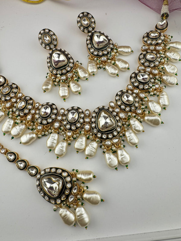 Uncut Polki, Kundan Pearls Gold Necklace Set with Tikka, Indian Bridal set