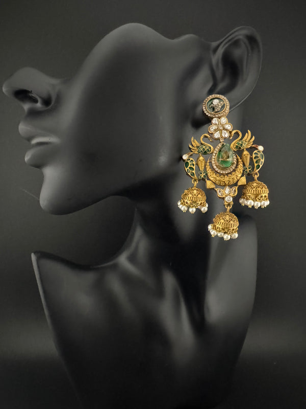 Amrapali inspired Matt Gold, Stone, Enamel, Pearl Oversized ChandBali Jhumka Earrings, designer jewelry