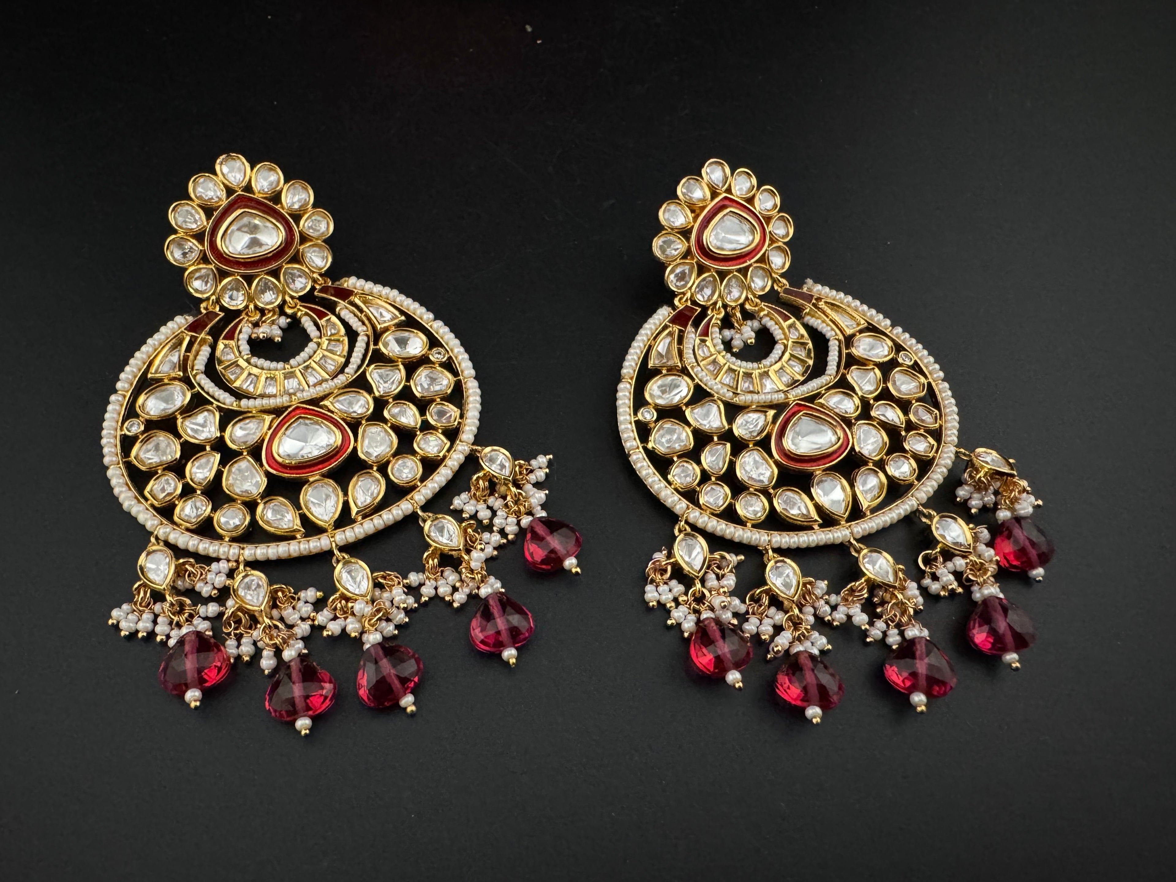 Red and Gold Kundan Chandelier Earrinngs, High shine Bridal Moissanite CZ, Shiney Gold Designer