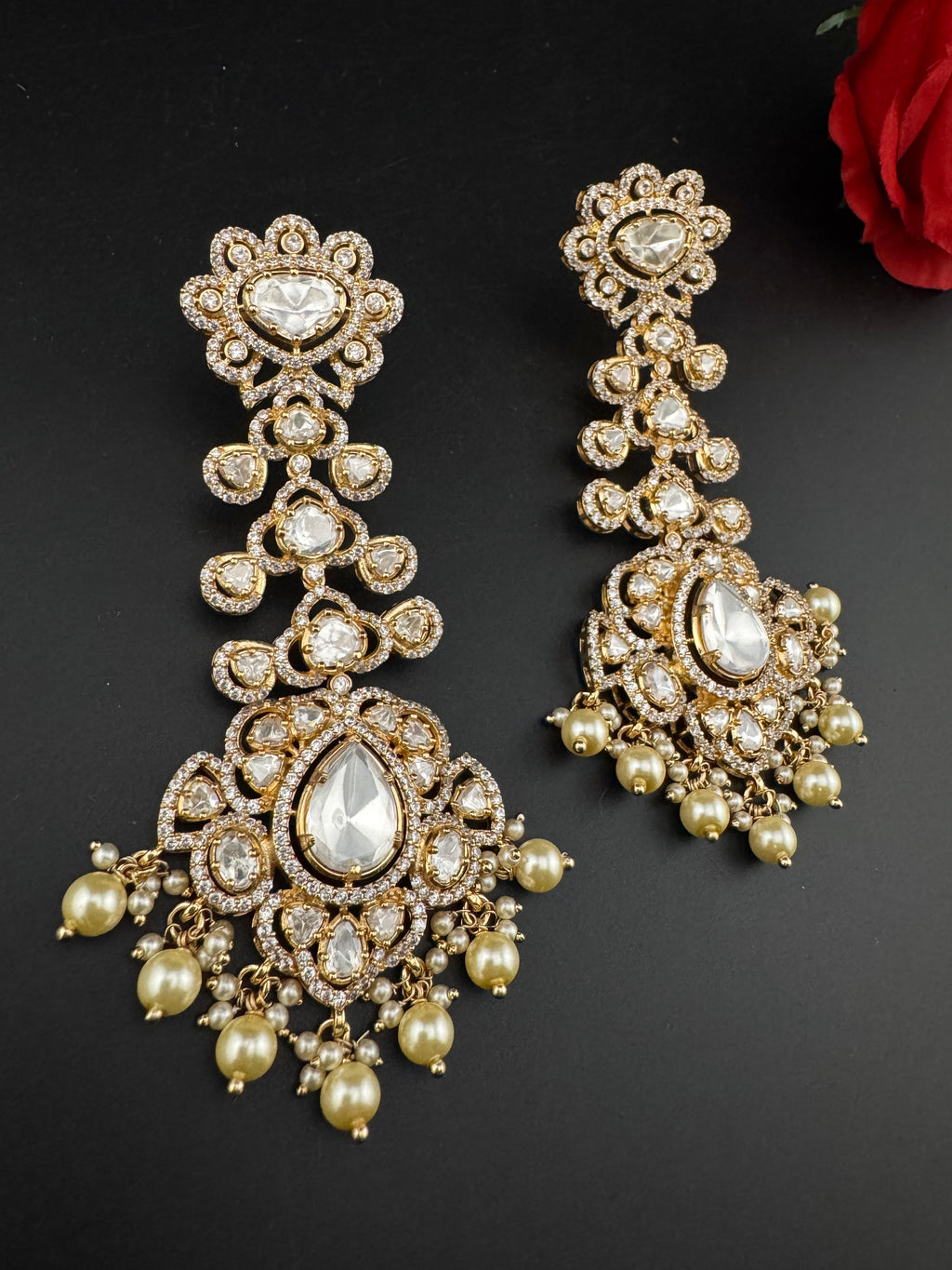 White and Gold Kundan, Pearls Chandelier Long Earrings, Bridal, Moissanite, CZ, Designer jewelry