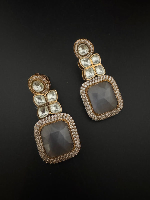 Gray and Gold Kundan, Stone Chandelier Drop Earrings, Bridal, Moissanite, CZ, Designer jewelry
