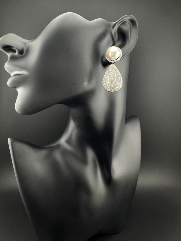 Pearl, Cubic Zirconia, Diamond nano setting, Silver 2 in 1 Dangle earrings, Indian Jewelry