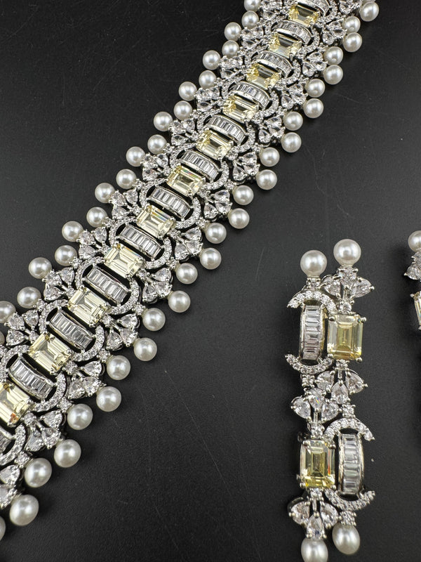 Step cut Crystals and CZ Diamond Statement Necklace Set, White Gold Plated Choker set
