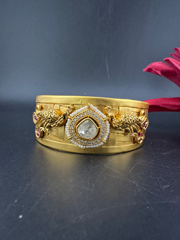 Moissanite Kundan, CZ, pearl Peacock Cuff Bracelet Bangle, Gold Polish Bangle (Fits 2.6" Diameter)