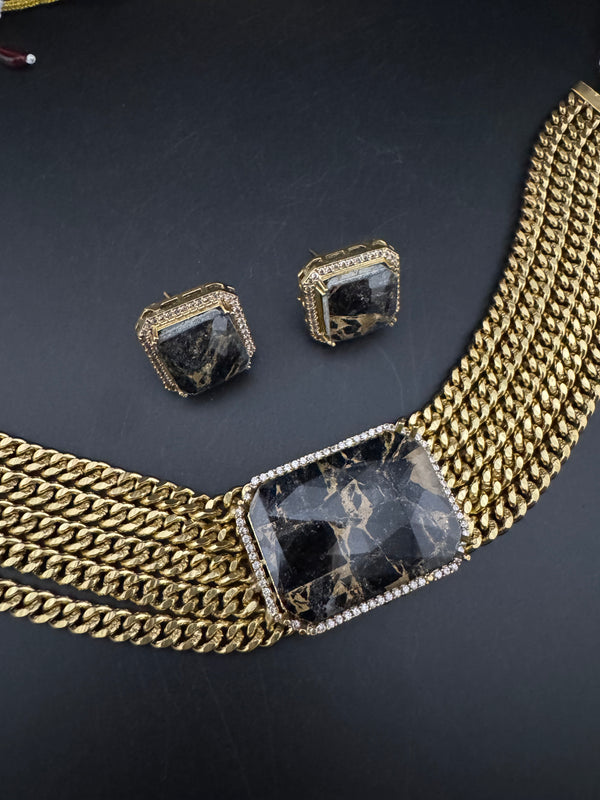 CZ, Mystic doublet stone, Antique gold tone Curb Link chain Choker necklace set with earrings