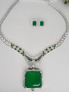 Green Doublet stone, Enamel and CZ Diamond all over Necklace Set, White Gold Plated