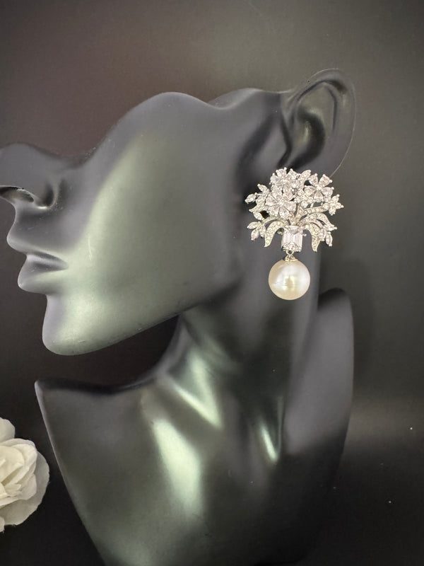 Cubic Zirconia, Diamond, pearls, Step cut crystal Dangle Drop earrings, Indian Jewelry
