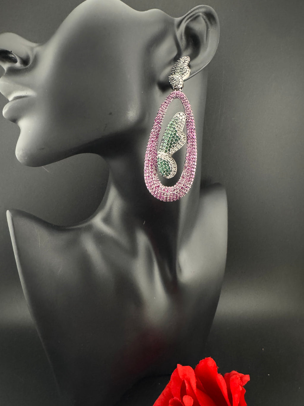 Premium Nano Setting Cubic Zirconia Victorian Long earrings in Butterfly Drop shape, designer Inspired Statement long drop dangle earrings