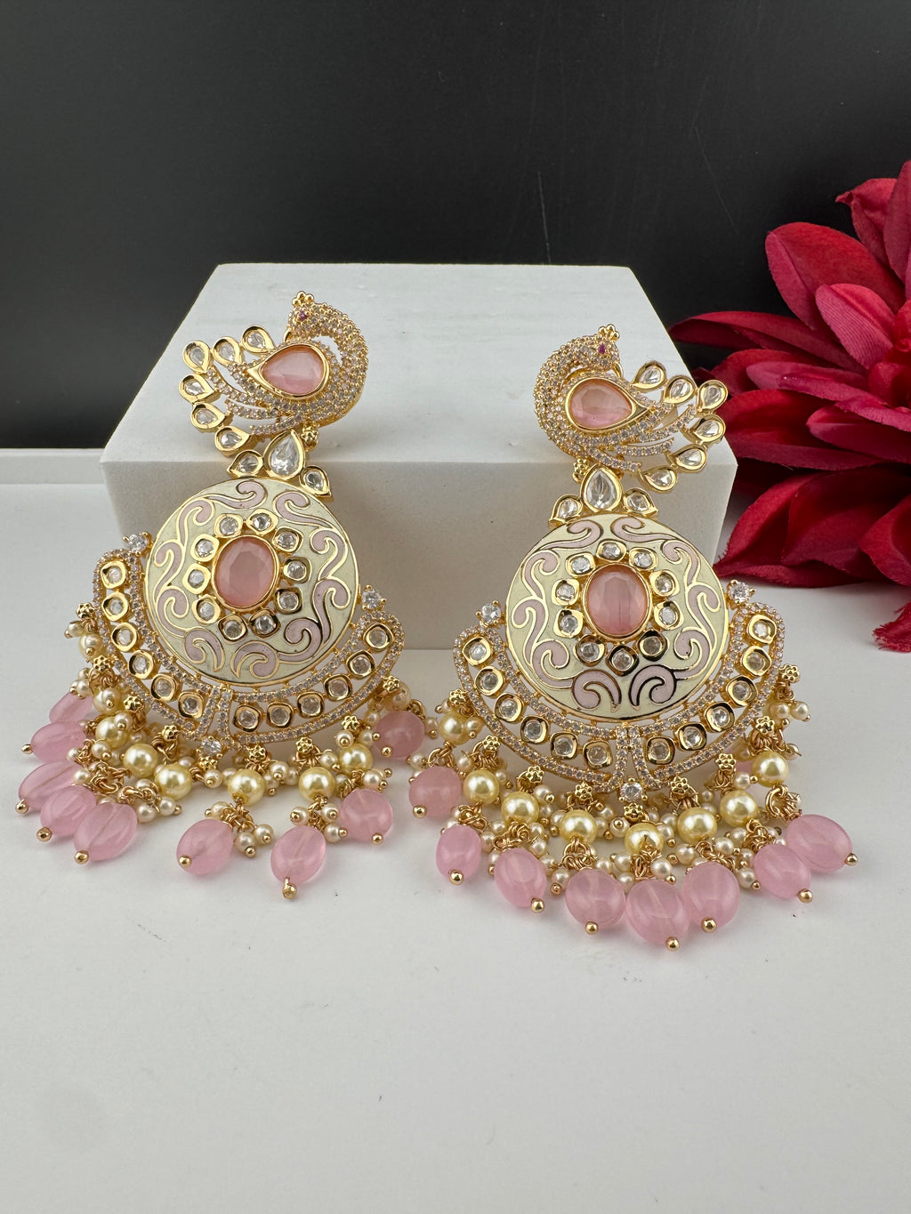 Enamel and Gold Kundan Chandelier Long Earrings, High shine Bridal Moissanite CZ, Designer Earrings