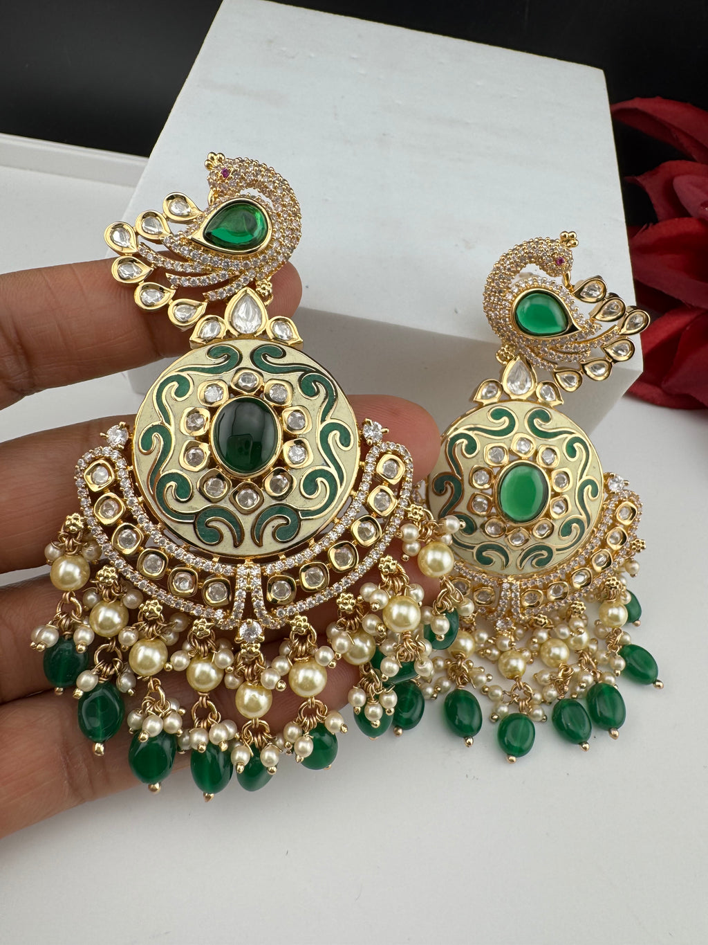 Enamel and Gold Kundan Chandelier Long Earrings, High shine Bridal Moissanite CZ, Designer Earrings