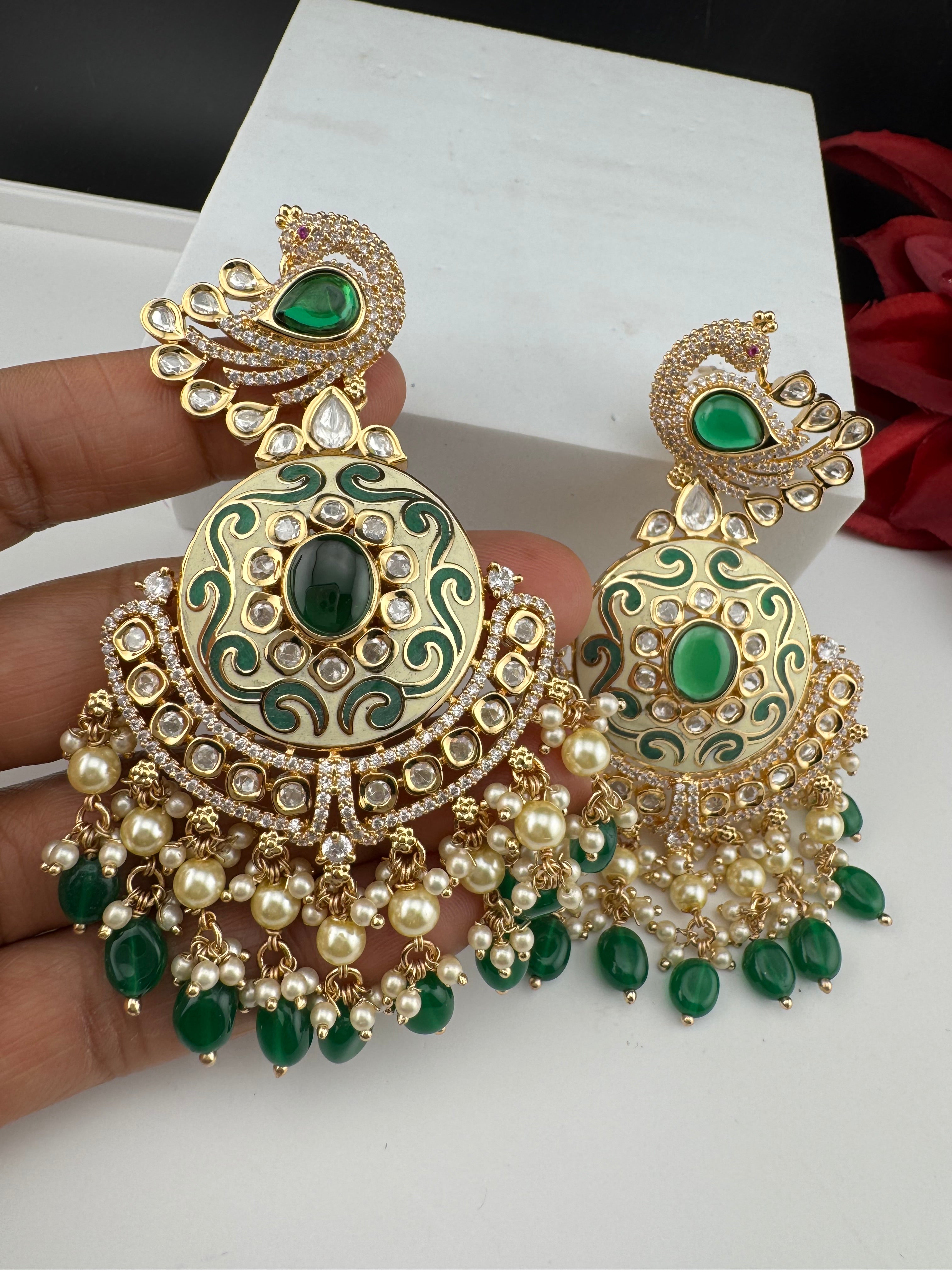 Enamel and Gold Kundan Chandelier Long Earrings, High shine Bridal Moissanite CZ, Designer Earrings