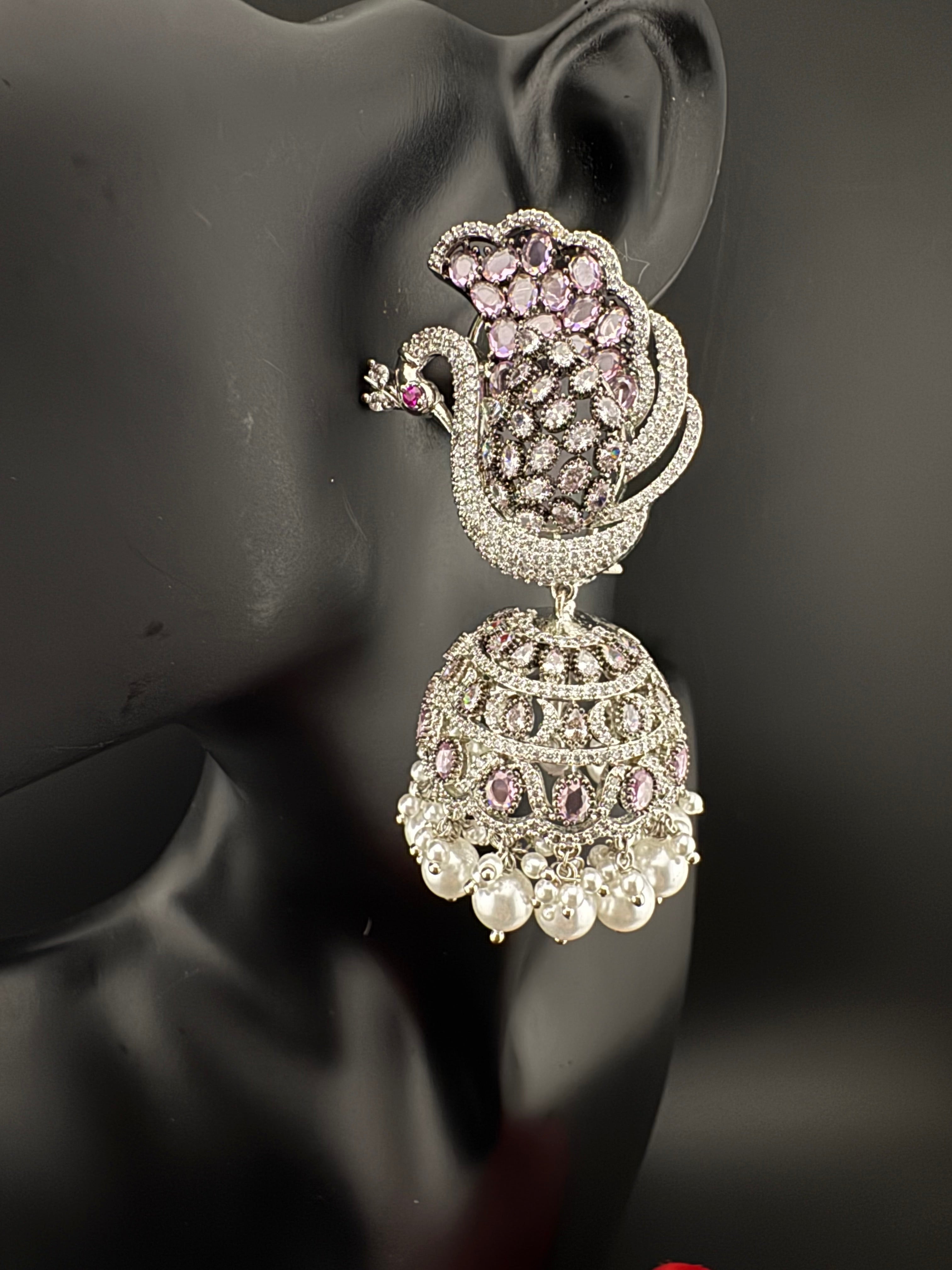 Premium Cubic Zirconia Peacock jhumka earrings is designer Inspired, Statement Long earring, Bridal, Party, Wedding jewelry, chic, Indian