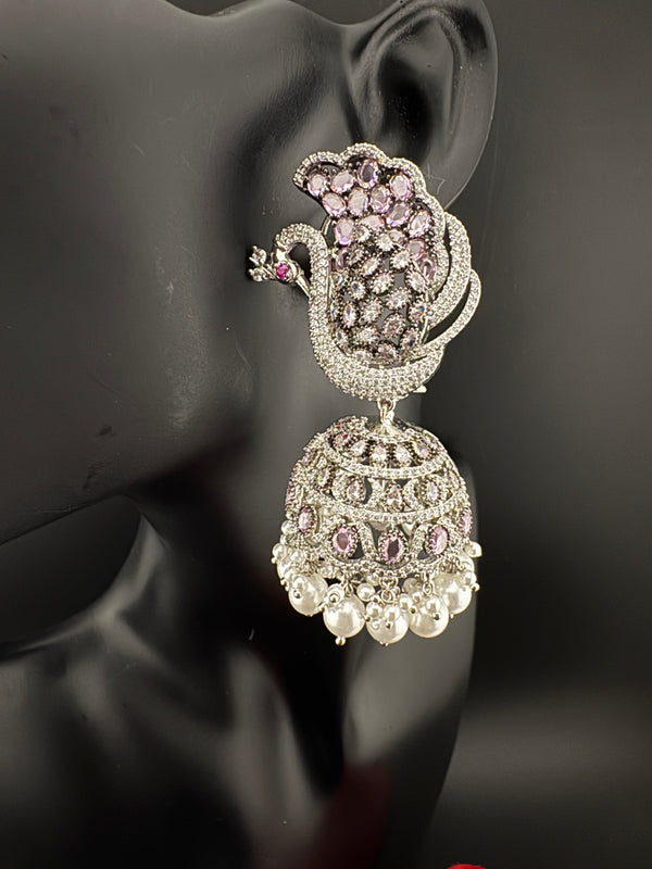 Premium Cubic Zirconia Peacock jhumka earrings is designer Inspired, Statement Long earring, Bridal, Party, Wedding jewelry, chic, Indian
