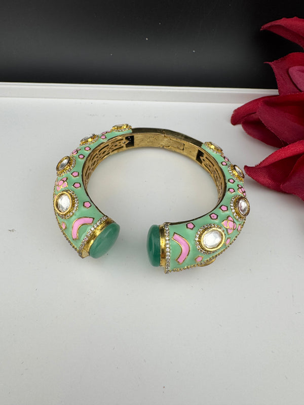 Moissanite Kundan, Enamel, CZ Adjustable Bracelet Bangle Kada, Gold Polish Designer Bangle