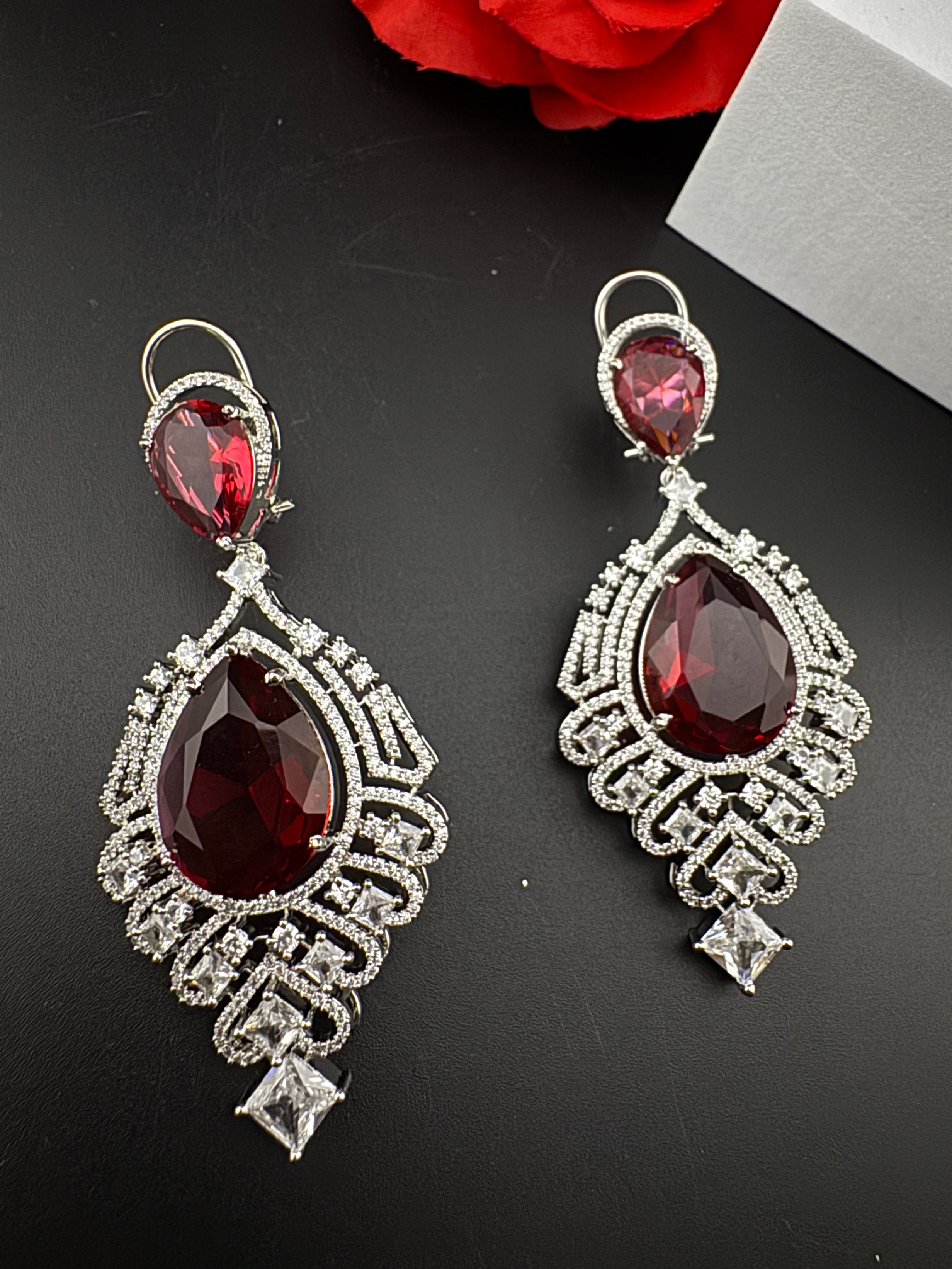 Premium Cubic Zirconia, Glass stone in unique style setting is a statement Drop Dangle earring/Indian/Bridal Jewelry, Bridesmaid Gift