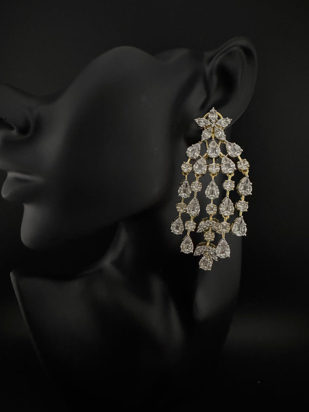 Premium Cubic Zirconia Chandelier earrings is designer Inspired, Statement Long earring, Bridal, Party, Wedding jewelry, Indian Chic Shiny