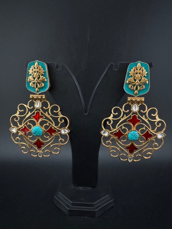 Antique Gold, Enamel, Stones Chandbali Dangle Earrings, Amrapali inspired Designer jewelry