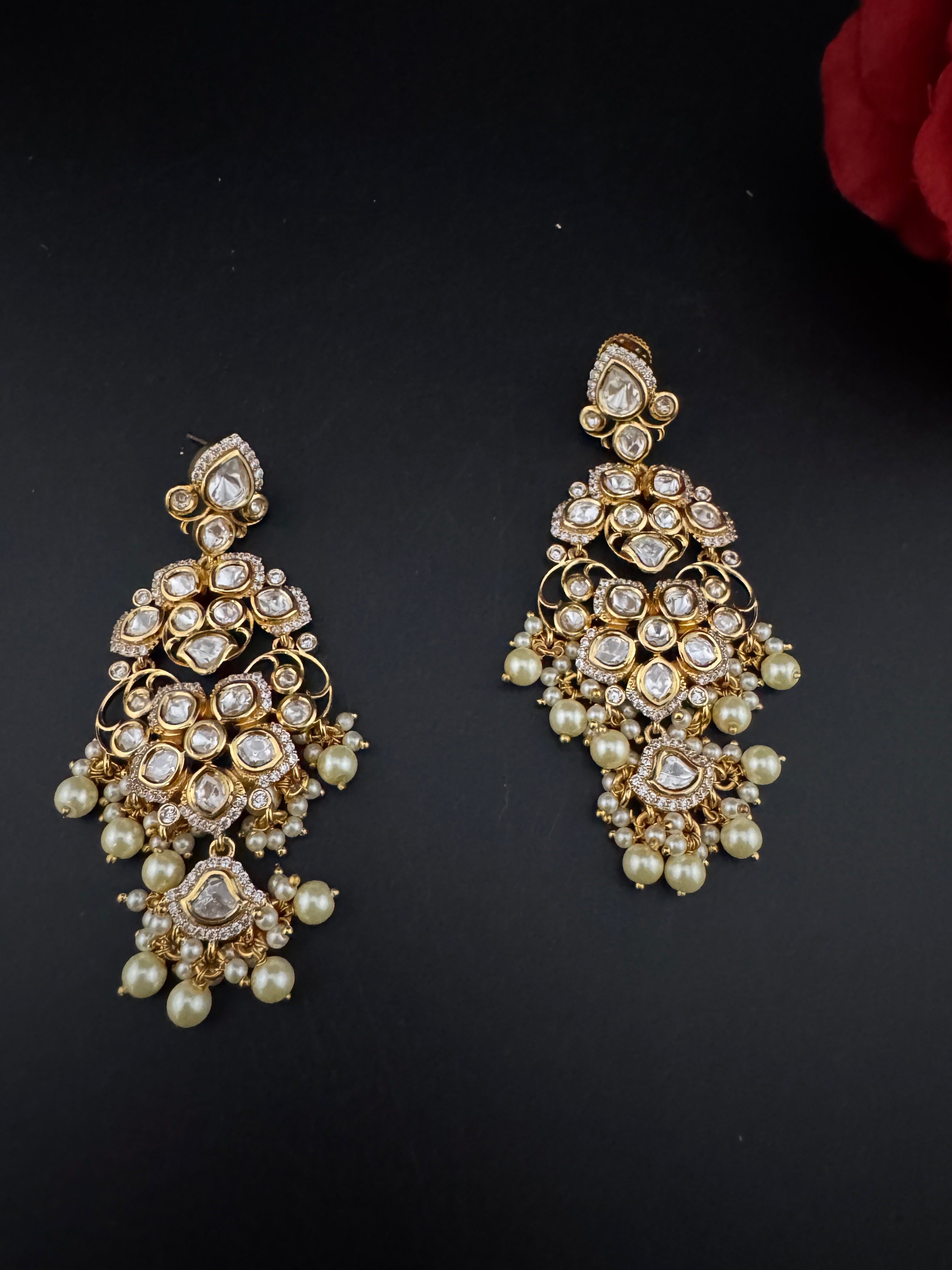White and Gold Kundan, Pearls Chandelier Earrings, High shine Bridal, Moissanite, CZ, Designer jewelry