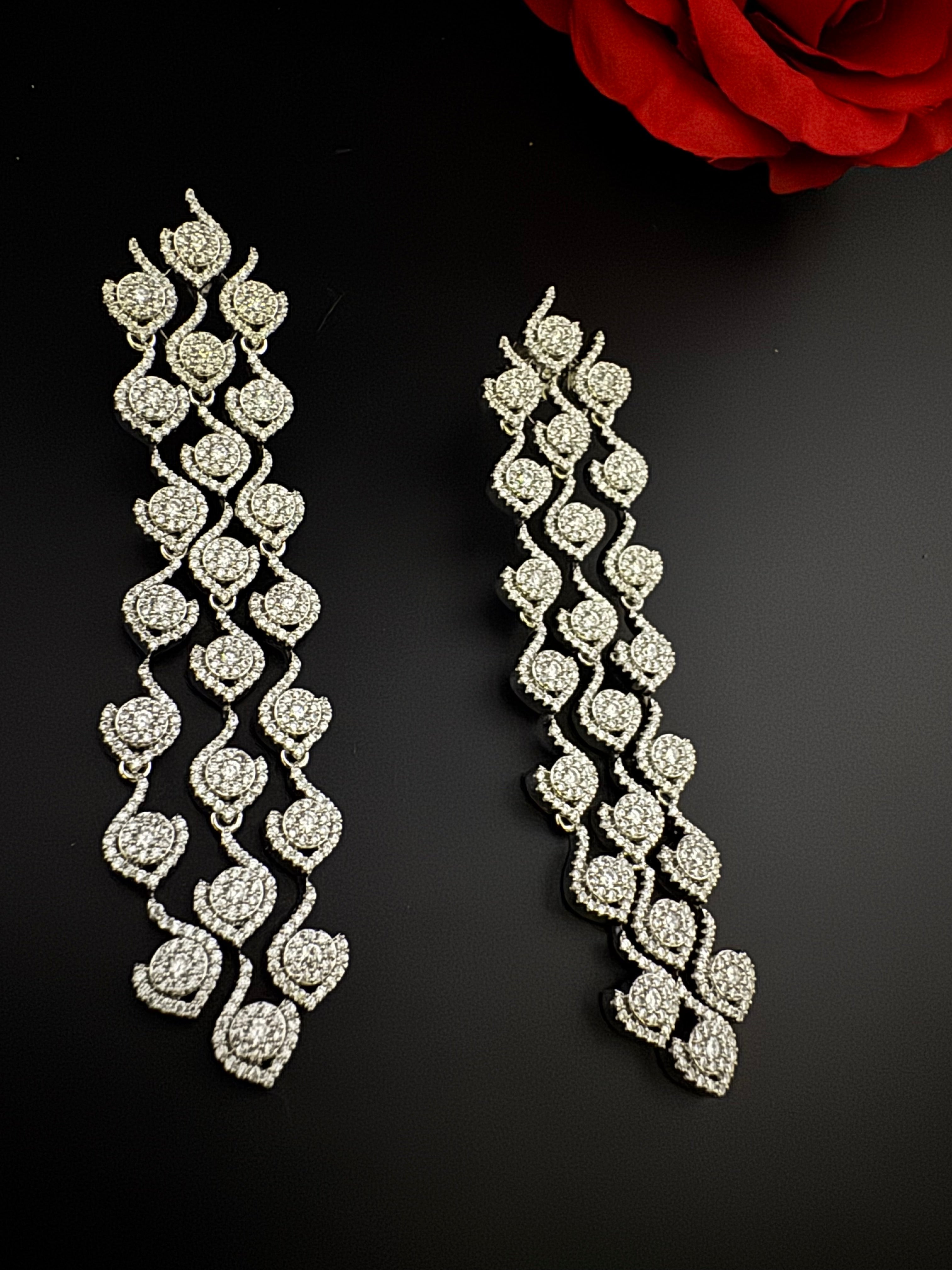 Premium Cubic Zirconia Chandelier earrings is designer Inspired, Statement Long sleek earring, Bridal, Party, Wedding jewelry, chic