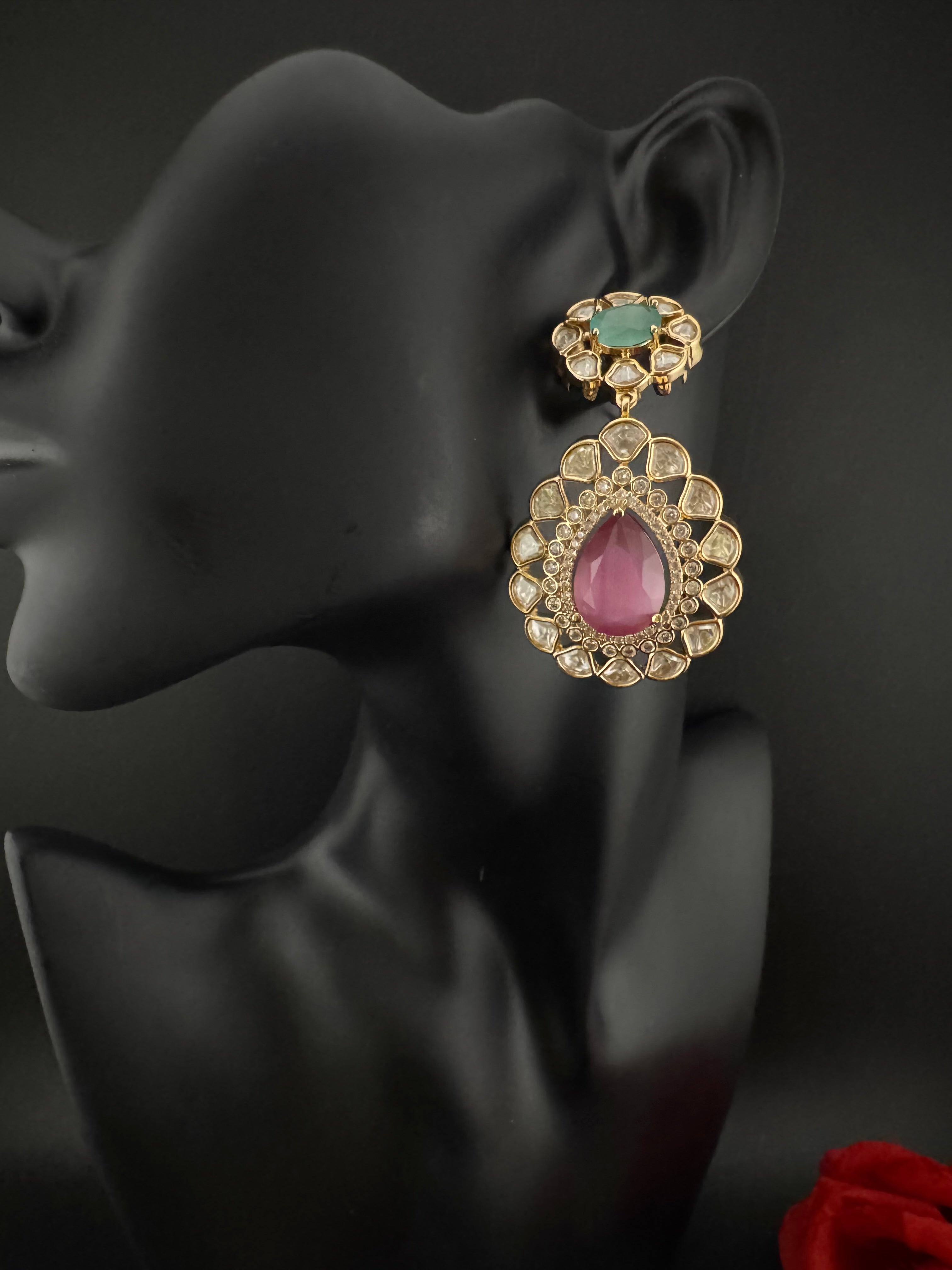 Pink and Green Kundan, CZ, Chandbali Earrings, High shine, Bridal, Moissanite, Tyaani inspired Designer jewelry