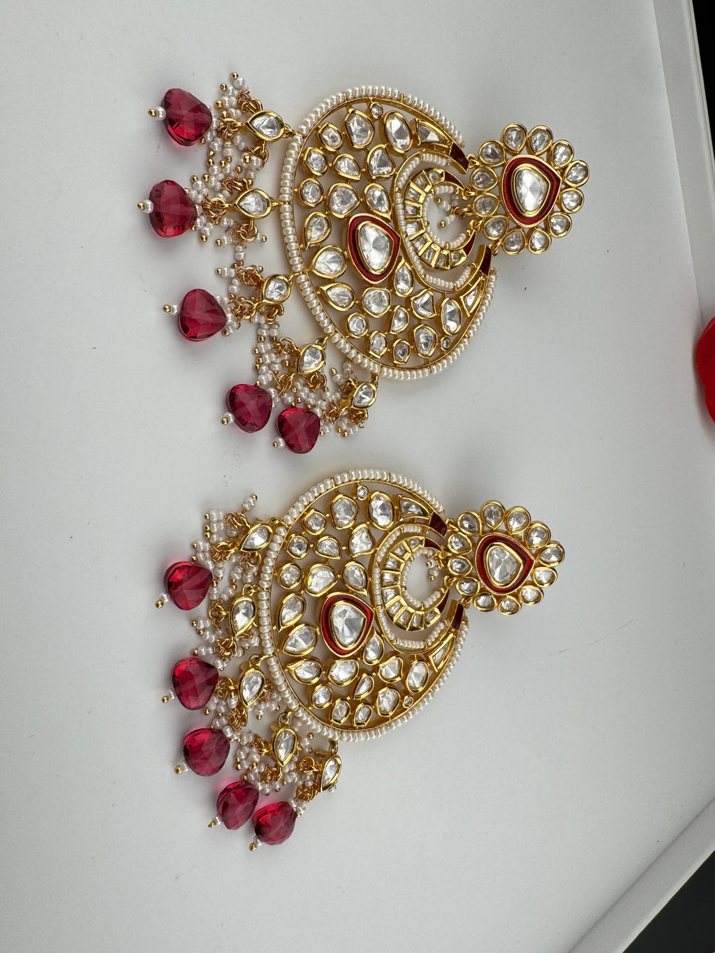 Red and Gold Kundan Chandelier Earrinngs, High shine Bridal Moissanite CZ, Shiney Gold Designer