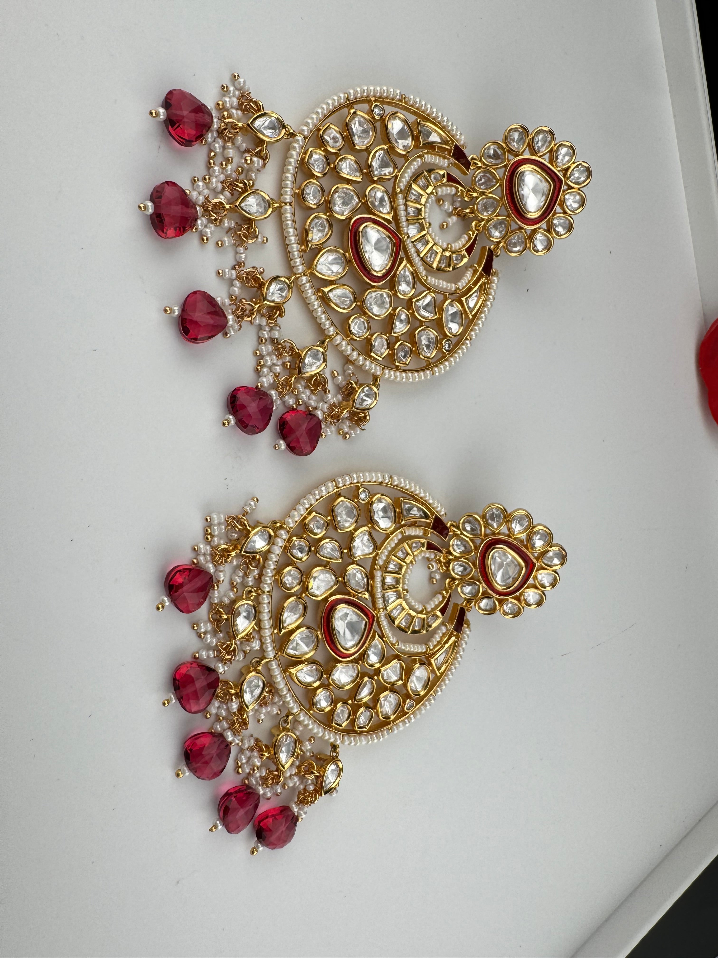 Red and Gold Kundan Chandelier Earrinngs, High shine Bridal Moissanite CZ, Shiney Gold Designer