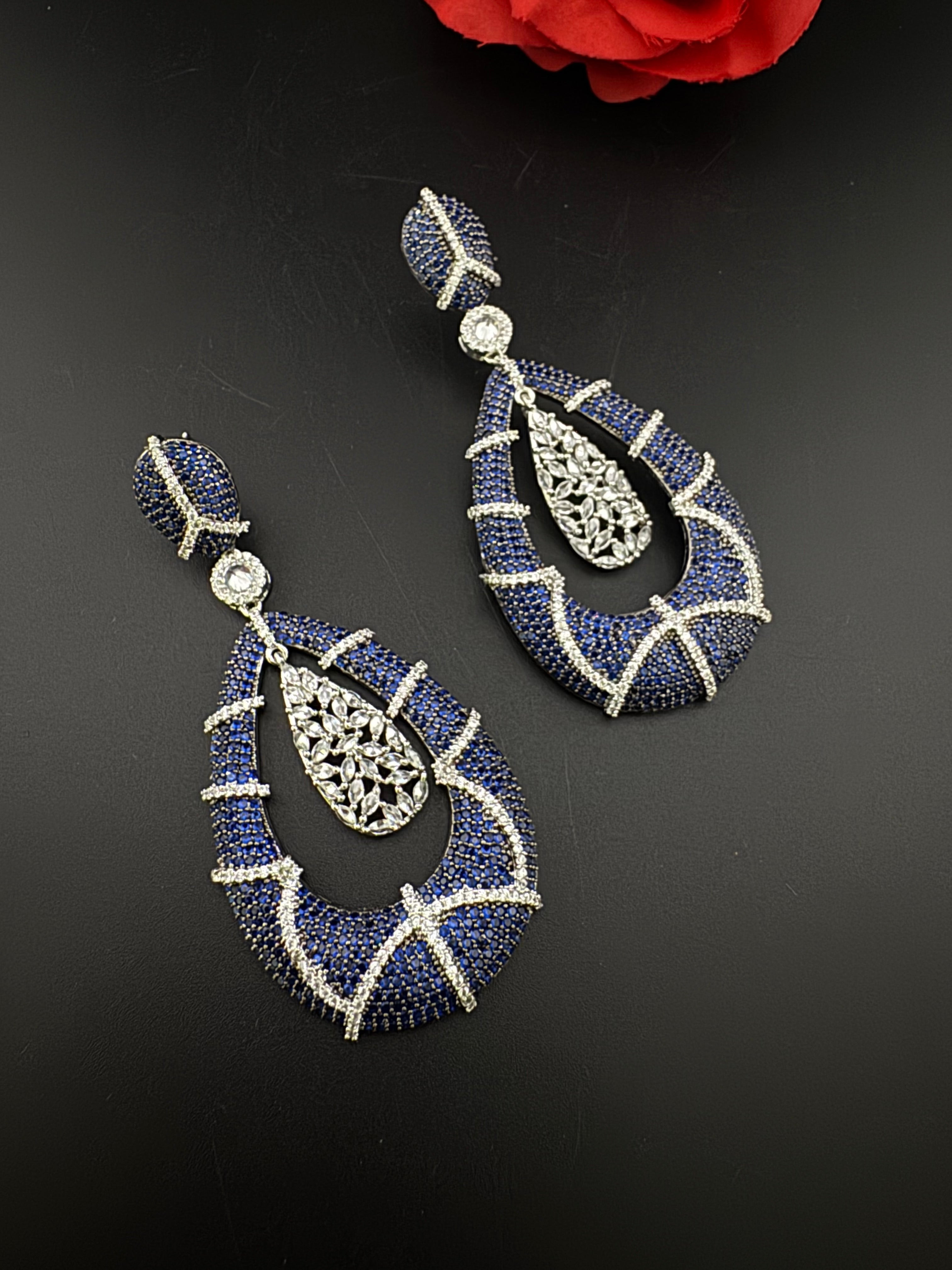 Premium Nano Setting Cubic Zirconia Long earrings in Drop shape, stylish, designer Inspired Statement long earring/Bridal Bridesmaid earring