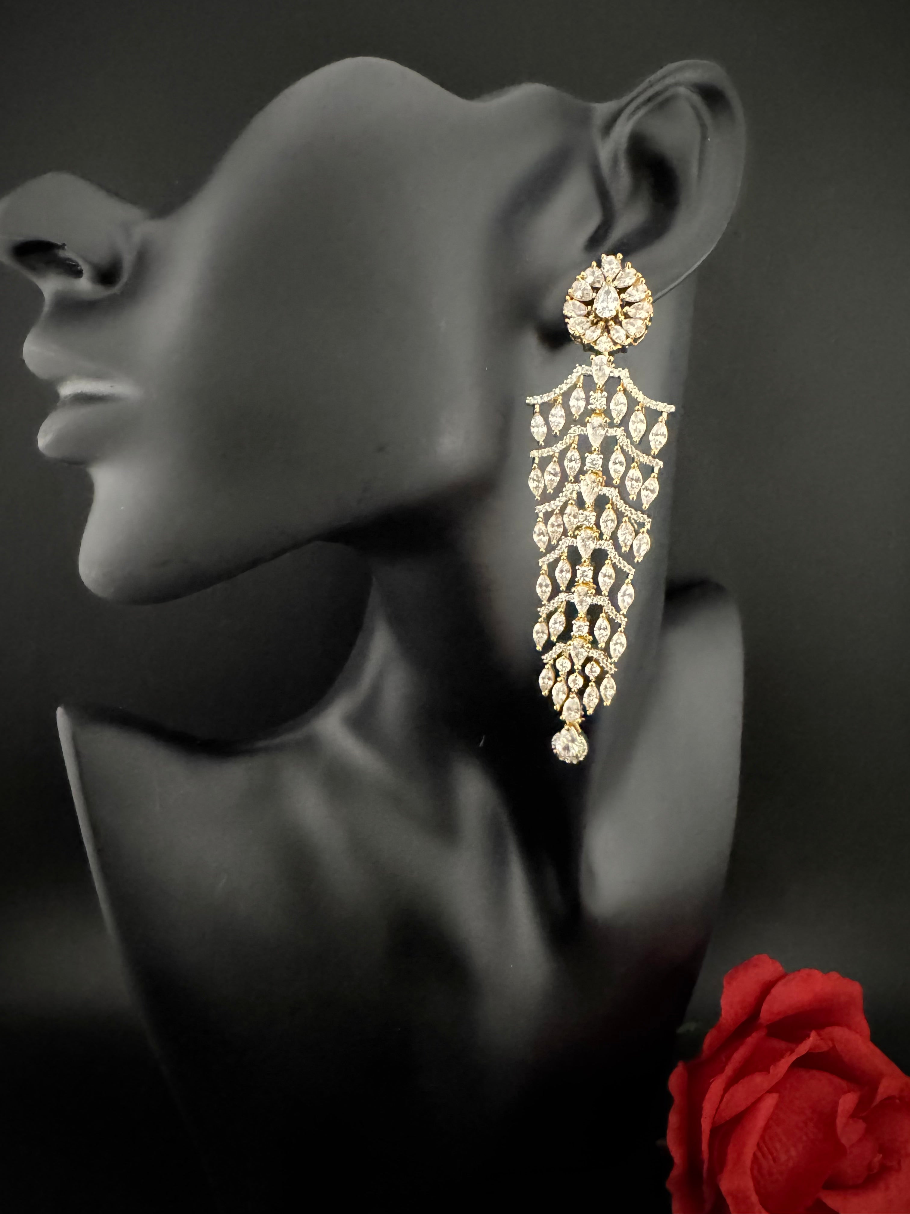 Premium Cubic Zirconia Chandelier Long earrings is designer Inspired, Statement Long earring, Bridal, Party, Wedding jewelry, Shiny