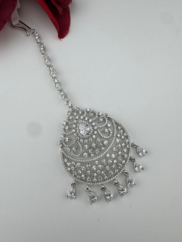 Silver Cubic Zirconia/Diamond Tikka, Indian Maang Tikka, Headpiece, Bridal jewelry