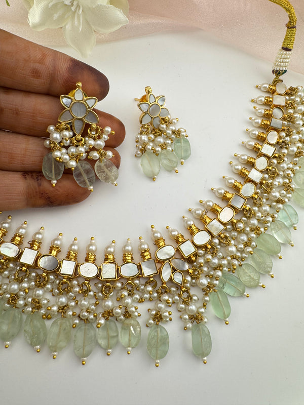 Doublet stone, Mother Of Pearls, pearls Flexible Gold necklace set, Indian Bridal Jewelry