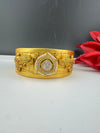 Moissanite Kundan, CZ, pearl Peacock Cuff Bracelet Bangle, Gold Polish Bangle (Fits 2.6" Diameter)