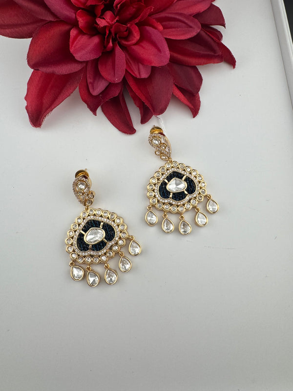 Gold and small pearls, Kundan, Cubic Zirconia Chandelier Chandbali Earrings, CZ, Designer jewelry