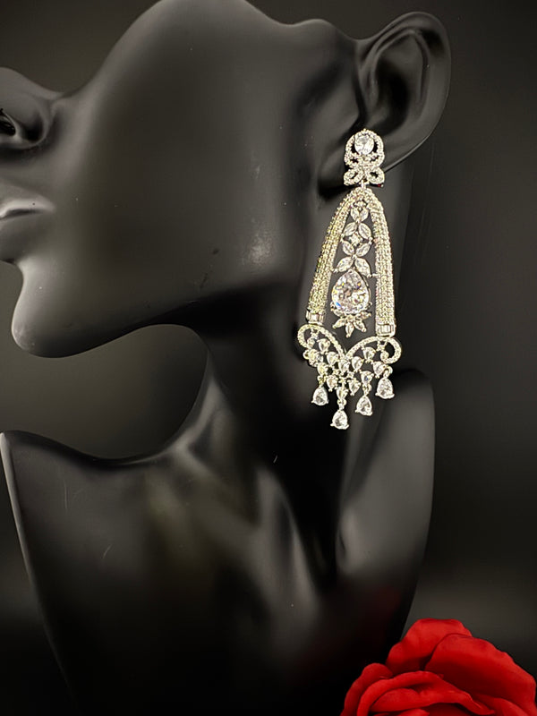 Premium Cubic Zirconia Crystals Chandelier earrings is designer Inspired, Statement Long sleek earring, Bridal, Party, Wedding jewelry, chic