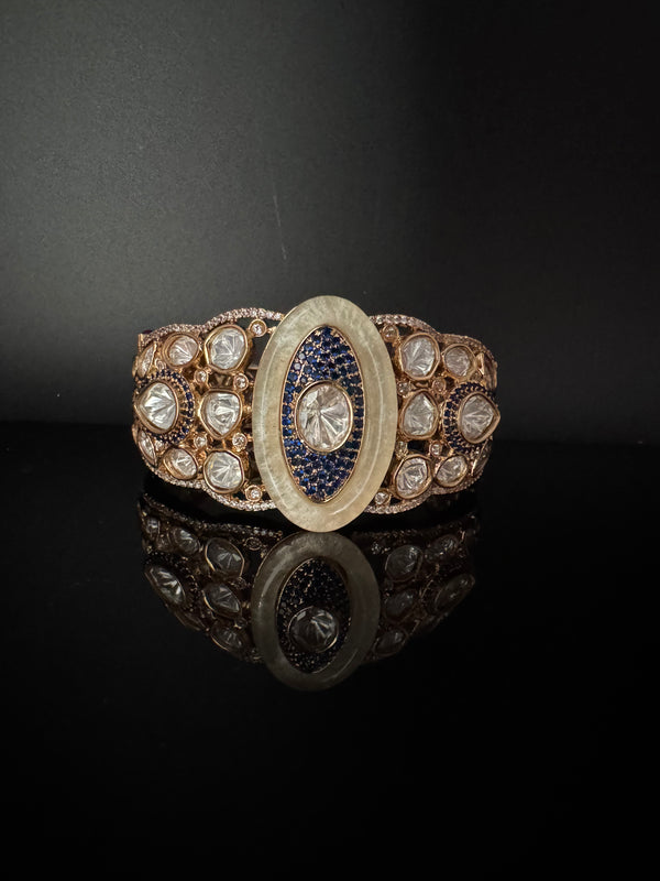 Moissanite Kundan, MOP, CZ Adjustable Bracelet Bangle, Gold Polish Designer Bangle