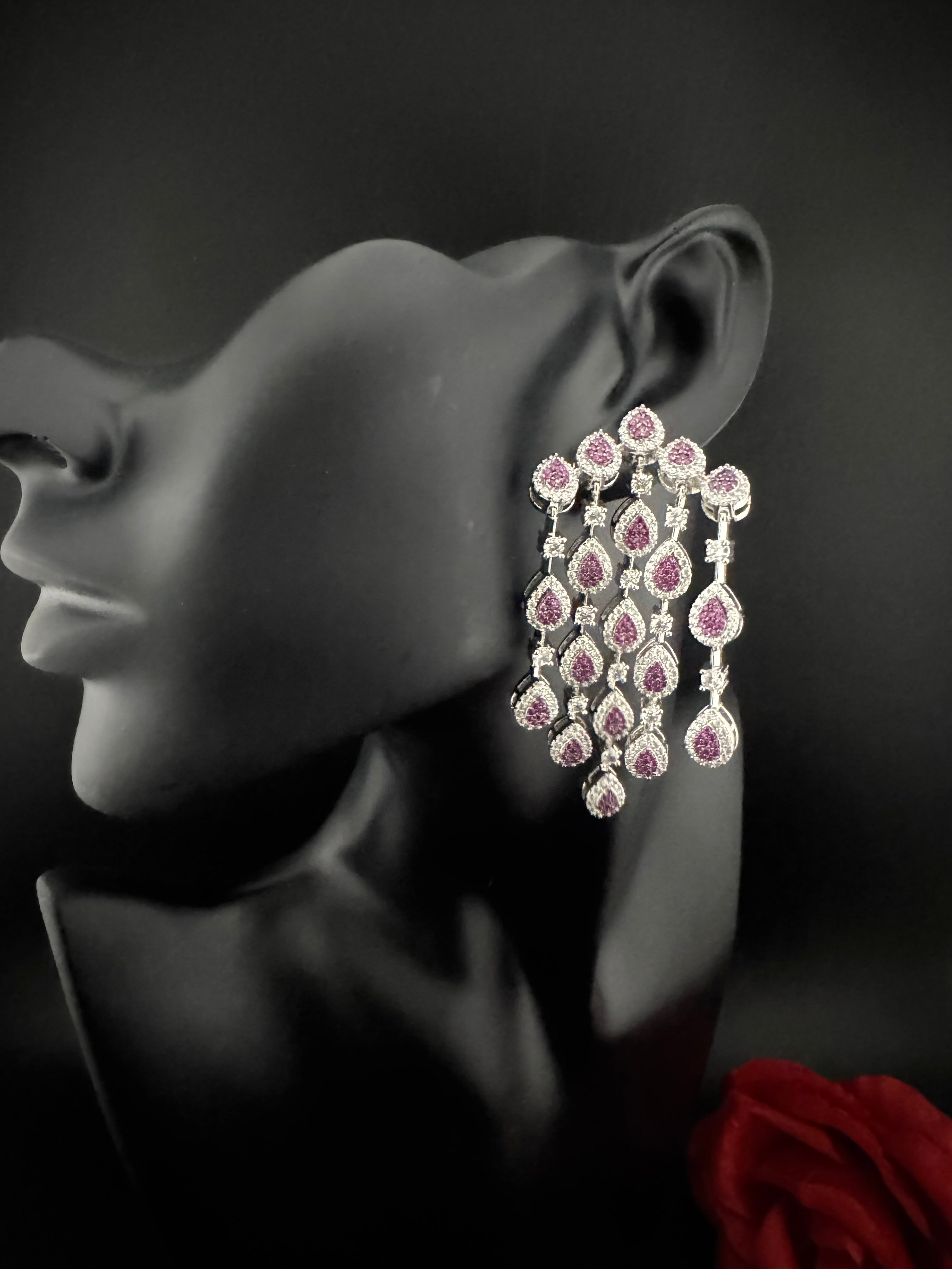 Premium Nano Setting Cubic Zirconia Long Chandelier earrings in Drop shape, stylish, designer Statement long earring/Bridal Bridesmaid