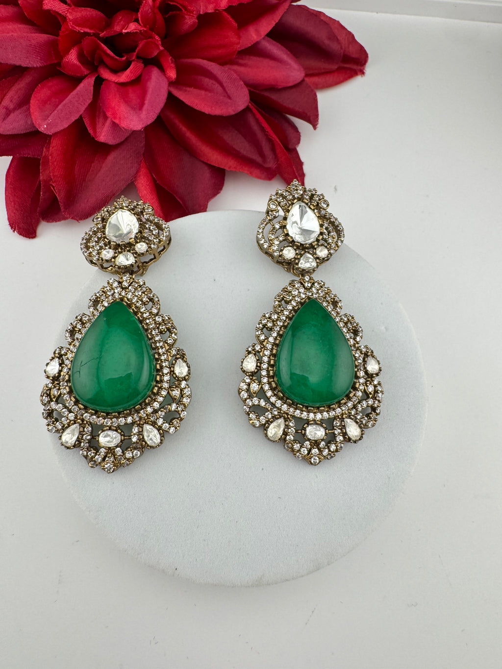 Green and Gold Kundan, Doublet Stone Chandelier Long Earrings, Bridal, Moissanite, CZ, Designer jewelry