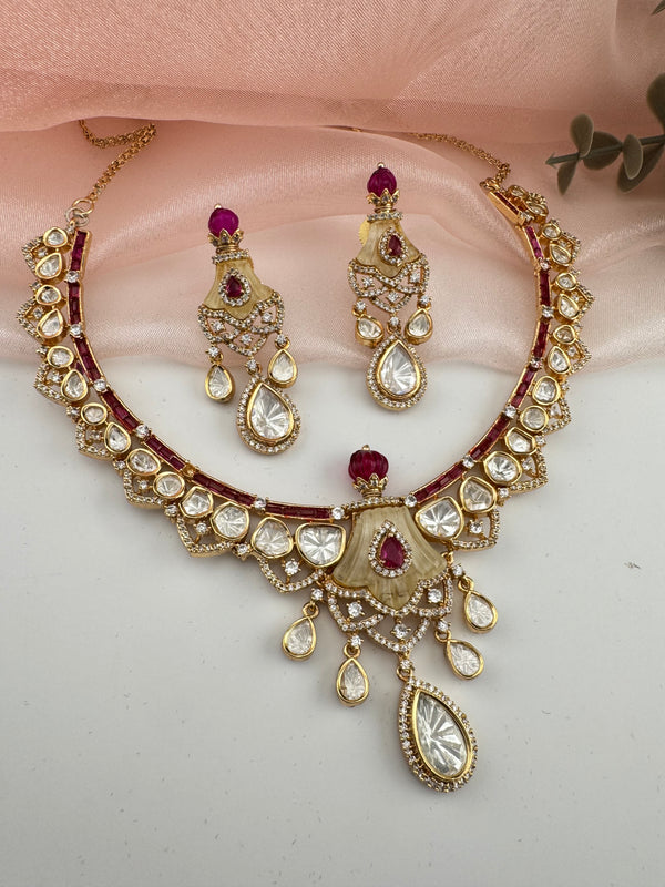 Kundan, Moissanite, MOP, CZ Flexible Gold necklace set, Indian Bridal Jewelry