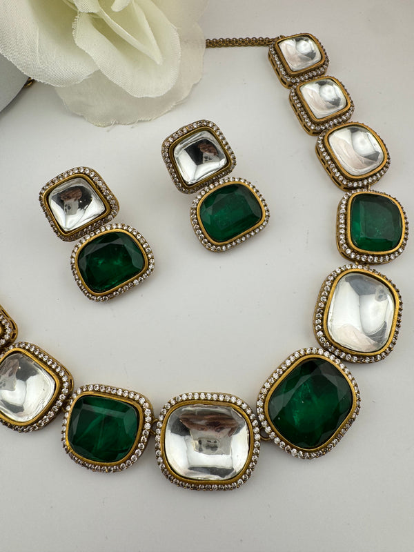 Kundan, Stones, CZ Gold Plated Green necklace set, Indian Bridal Jewelry set