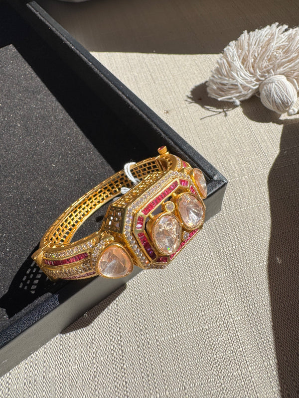 Moissanite Kundan, CZ Openable Bracelet Bangle, Gold Polish (Fits 2.6" wrists)
