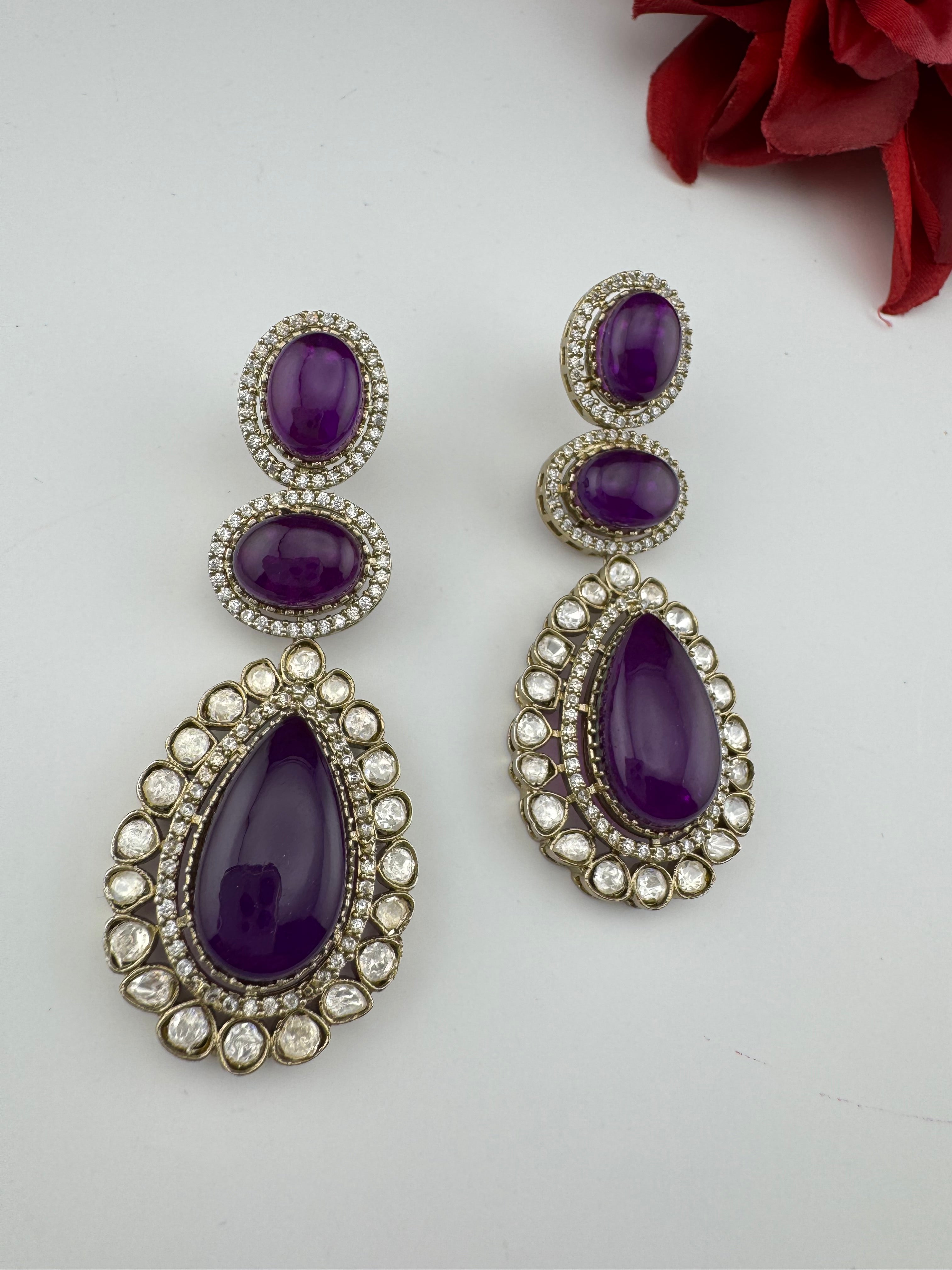 Purple and Gold Kundan, Doublet Stone Chandelier Long Earrings, Bridal, Moissanite, CZ, Designer jewelry