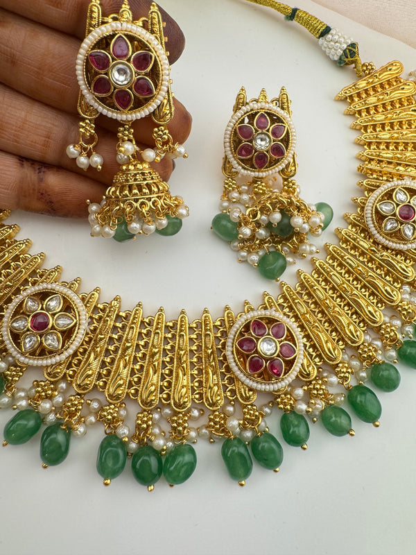 Rajwadi Gold necklace set with jhumka, in kundan and pearls, Indian Bridal Jewelry set