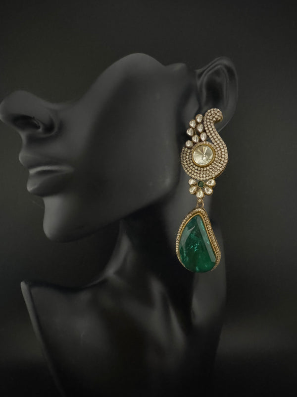 Kundan, CZ, Gold, Doublet Stone Chandelier Long Earrings, Bridal, Moissanite, CZ, Peacock Designer jewelry